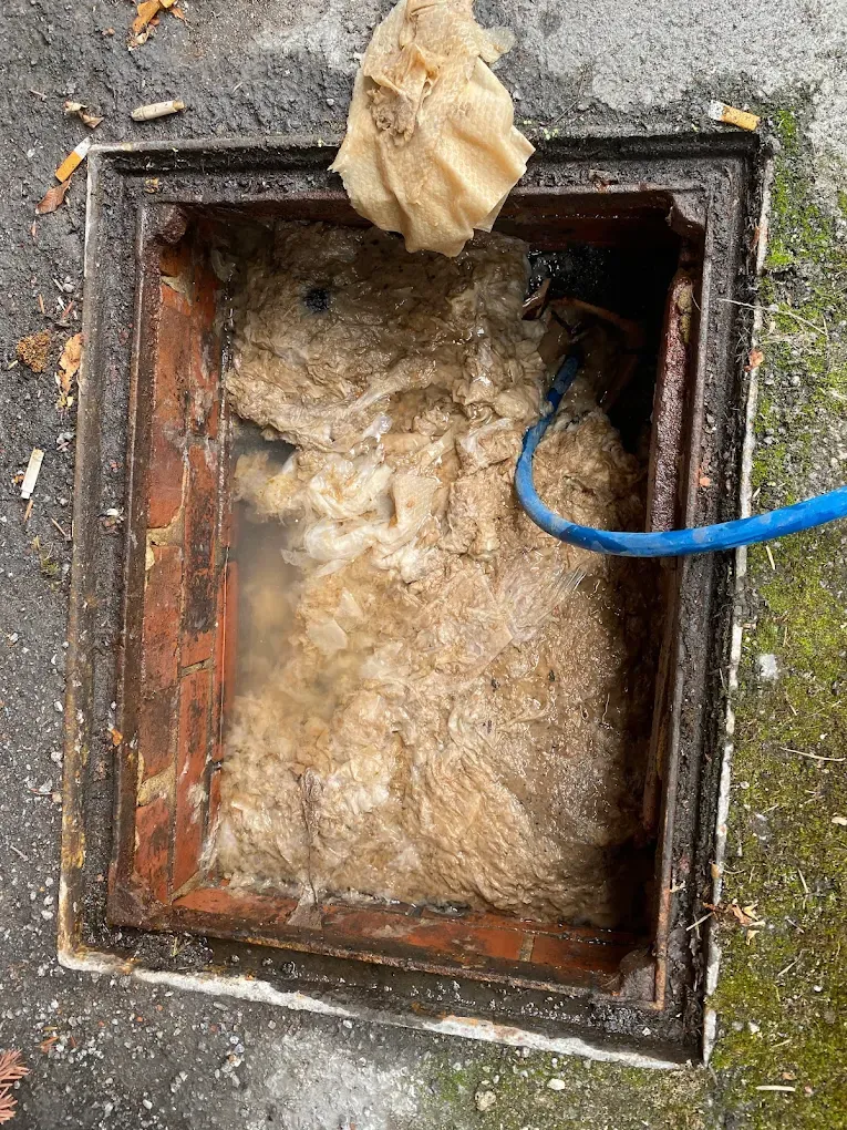 Severely blocked outdoor drain with debris and water.