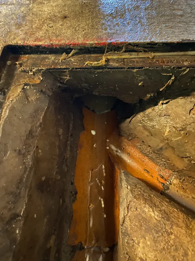 Dirty water pooled inside a drain inspection chamber, indicating a potential blockage.